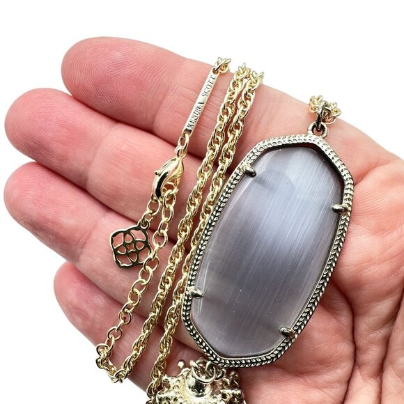 Kendra Scott Rayne Necklace Gold Tone Grey Slate Cats Eye Tassle Pendant - Picture 3 of 5